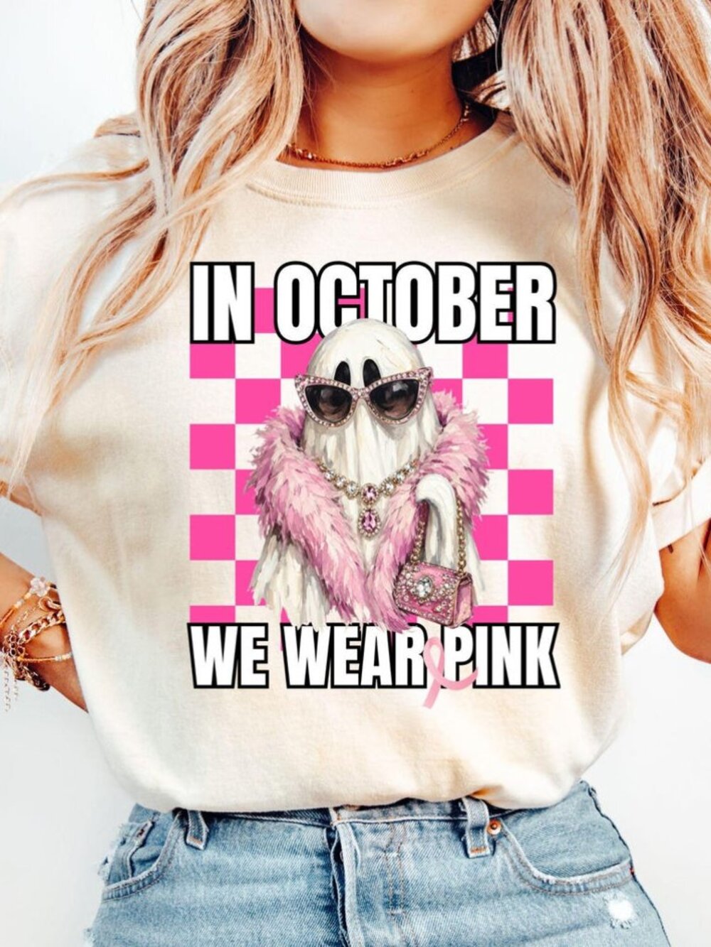 Breast Cancer Ghost Shirt, In October We Wear Pink Tee - Picture 1 of 4